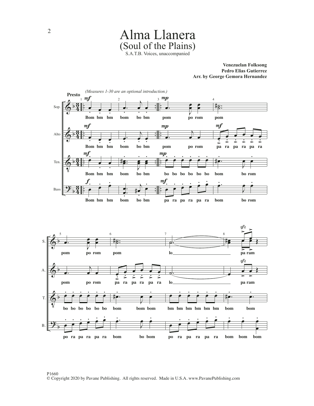 Venezuelan Folk Song Alam Llanera (arr. George Gemora Hernandez) Sheet Music Notes & Chords for SATB Choir - Download or Print PDF