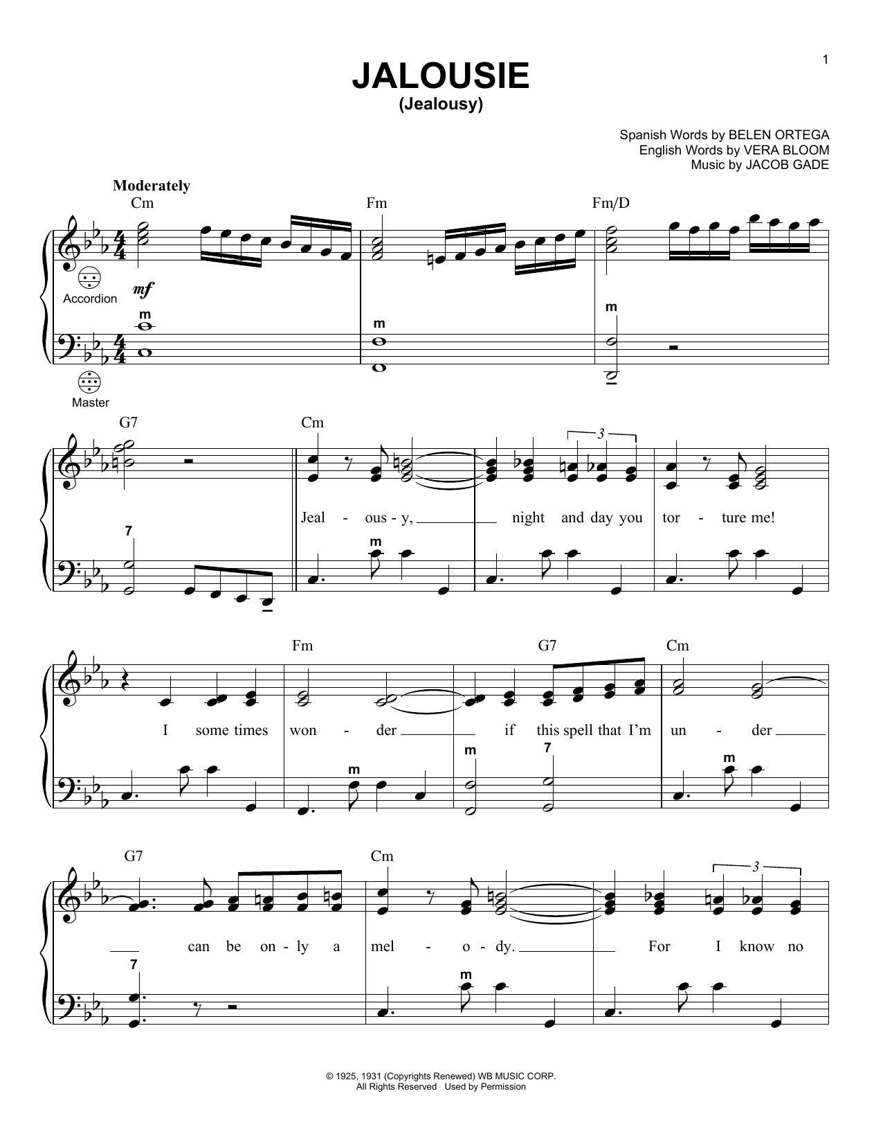 Gary Meisner Jalousie (Jealousy) Sheet Music Notes & Chords for Accordion - Download or Print PDF