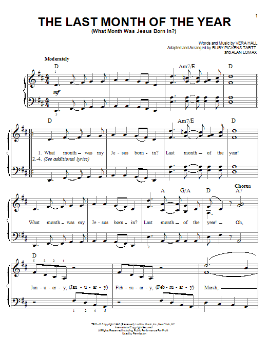 Vera Hall The Last Month Of The Year (What Month Was Jesus Born In?) Sheet Music Notes & Chords for Easy Piano - Download or Print PDF