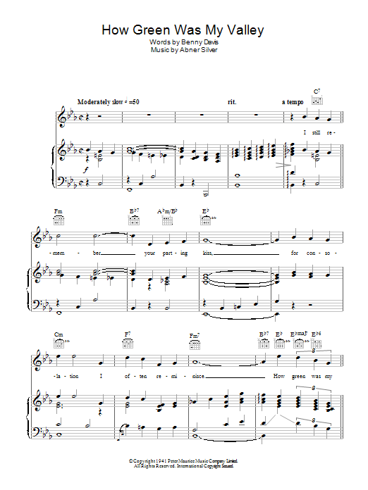 Vera Lynn How Green Was My Valley Sheet Music Notes & Chords for Piano, Vocal & Guitar (Right-Hand Melody) - Download or Print PDF