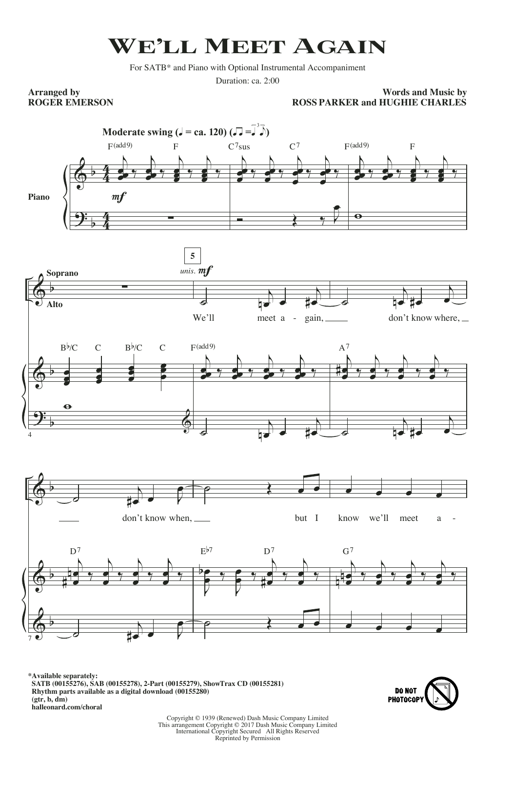 Vera Lynn We'll Meet Again (arr. Roger Emerson) Sheet Music Notes & Chords for SATB - Download or Print PDF