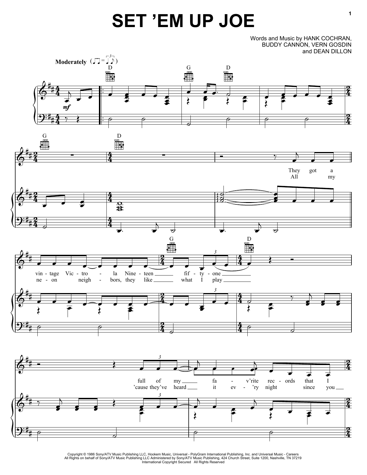 Vern Gosdin Set 'Em Up Joe Sheet Music Notes & Chords for Piano, Vocal & Guitar (Right-Hand Melody) - Download or Print PDF