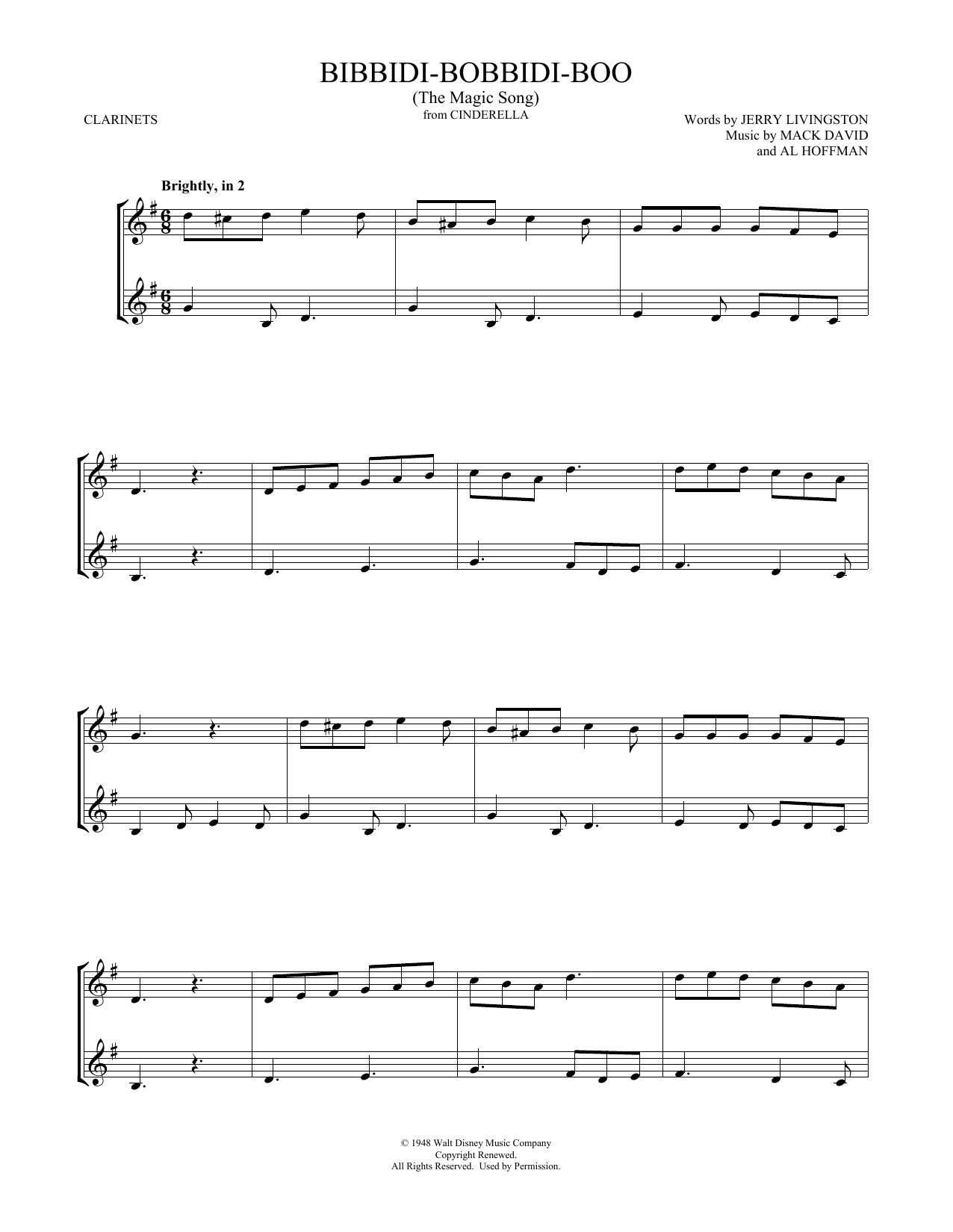 Verna Felton Bibbidi-Bobbidi-Boo (The Magic Song) (from Cinderella) Sheet Music Notes & Chords for Trumpet Duet - Download or Print PDF
