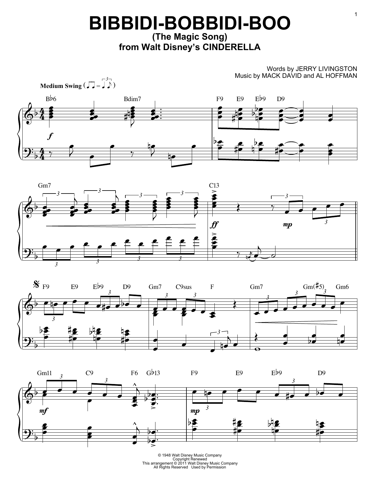 Verna Felton Bibbidi-Bobbidi-Boo (The Magic Song) [Jazz version] (arr. Brent Edstrom) Sheet Music Notes & Chords for Piano - Download or Print PDF
