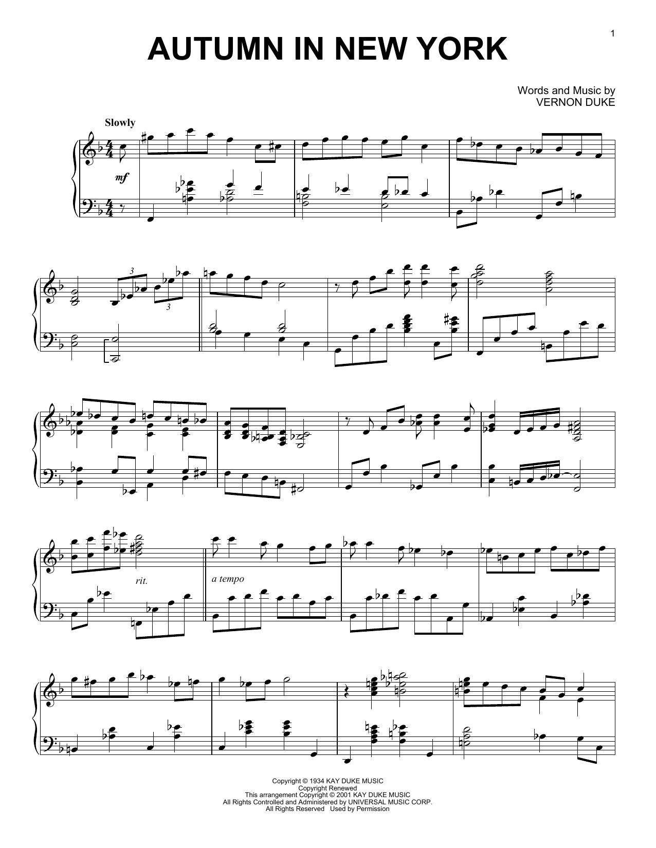 Vernon Duke Autumn In New York (arr. Al Lerner) Sheet Music Notes & Chords for Piano Solo - Download or Print PDF