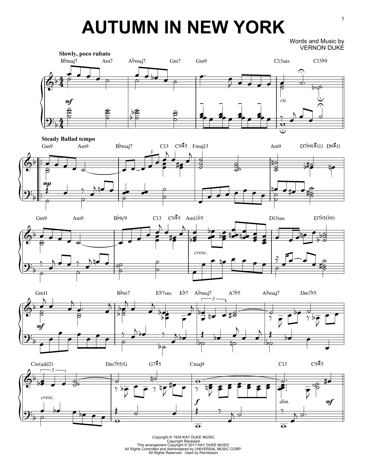 Vernon Duke Autumn In New York [Jazz version] Sheet Music Notes & Chords for Piano - Download or Print PDF