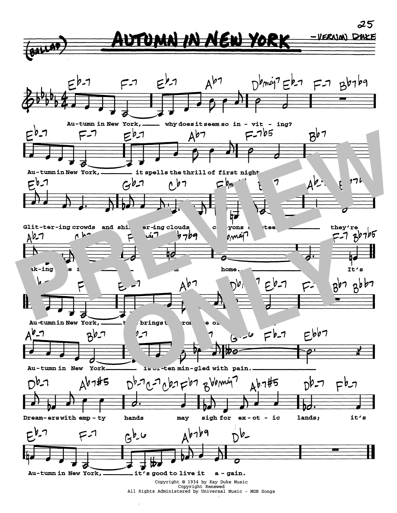 Vernon Duke Autumn In New York (Low Voice) Sheet Music Notes & Chords for Real Book – Melody, Lyrics & Chords - Download or Print PDF