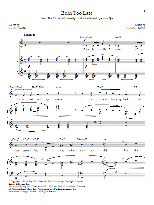 Vernon Duke Born Too Late Sheet Music Notes & Chords for Piano & Vocal - Download or Print PDF