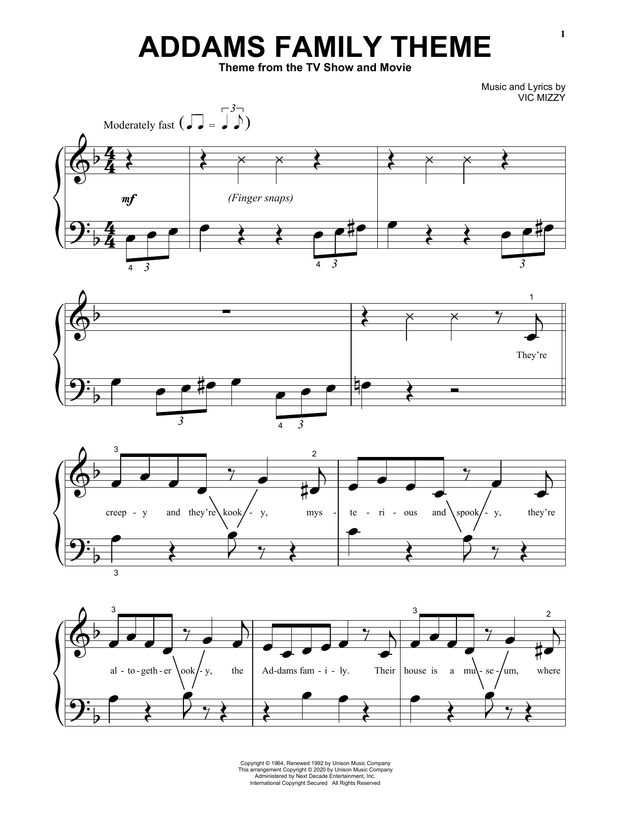 Vic Mizzy Addams Family Theme Sheet Music Notes & Chords for Big Note Piano - Download or Print PDF