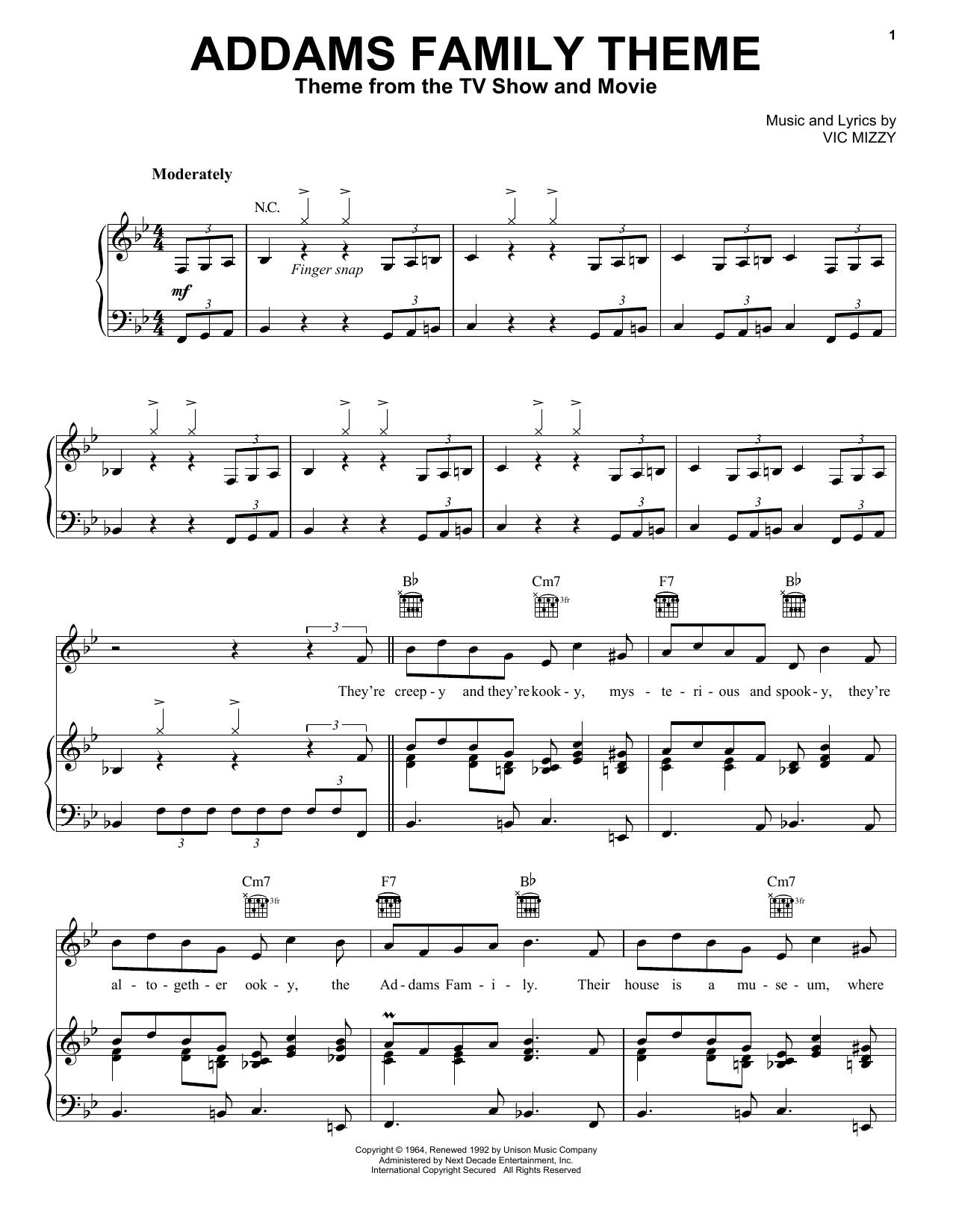 Vic Mizzy The Addams Family Theme Sheet Music Notes & Chords for Melody Line, Lyrics & Chords - Download or Print PDF