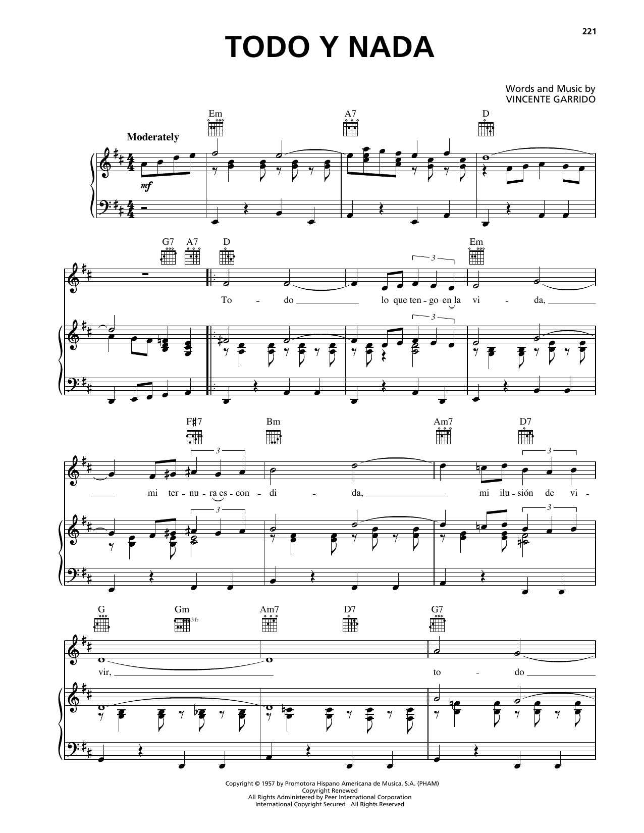 Vicente Garrido Todo Y Nada Sheet Music Notes & Chords for Piano, Vocal & Guitar Chords (Right-Hand Melody) - Download or Print PDF