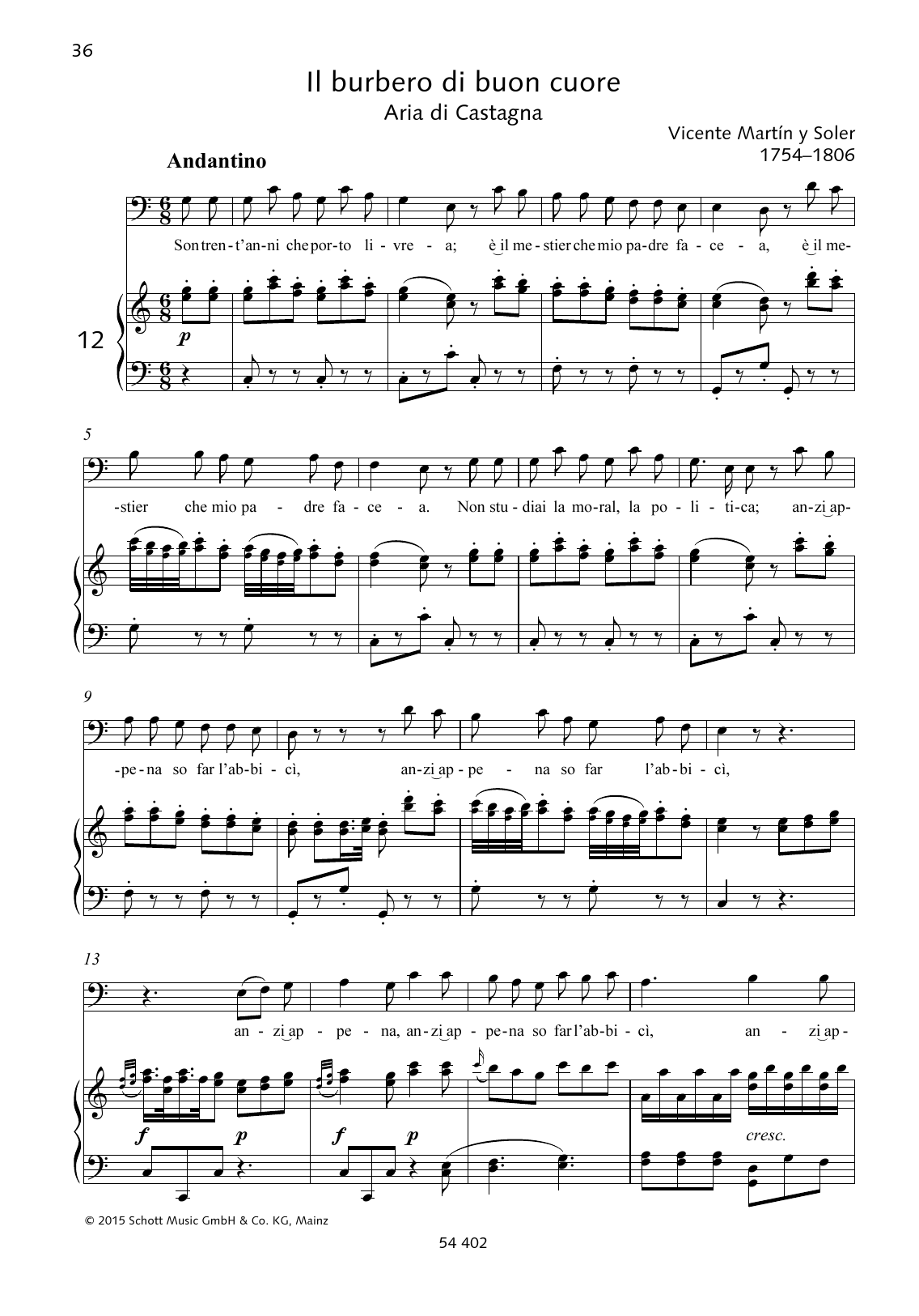 Vicente Martín y Soler Son trent'anni che porto livrea Sheet Music Notes & Chords for Piano & Vocal - Download or Print PDF