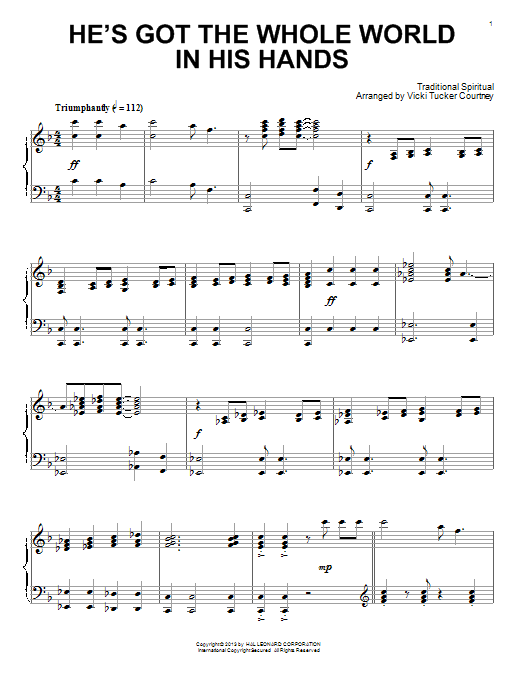 Vicki Tucker Courtney He's Got The Whole World In His Hands Sheet Music Notes & Chords for Piano - Download or Print PDF