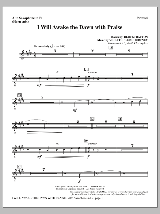 Vicki Tucker Courtney I Will Awake The Dawn With Praise - Alto Sax (sub. Horn) Sheet Music Notes & Chords for Choir Instrumental Pak - Download or Print PDF