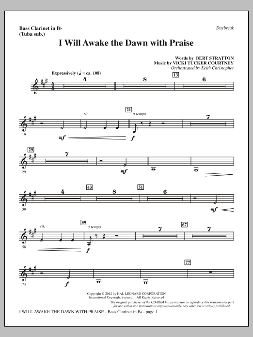 Vicki Tucker Courtney I Will Awake The Dawn With Praise - Bass Clarinet (sub. Tuba) Sheet Music Notes & Chords for Choir Instrumental Pak - Download or Print PDF
