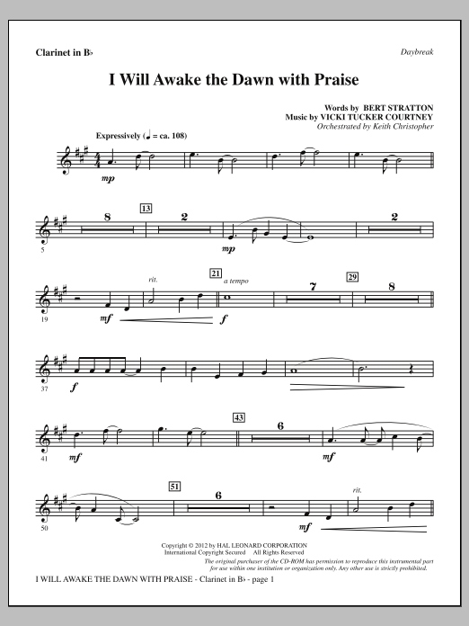 Vicki Tucker Courtney I Will Awake The Dawn With Praise - Bb Clarinet Sheet Music Notes & Chords for Choir Instrumental Pak - Download or Print PDF