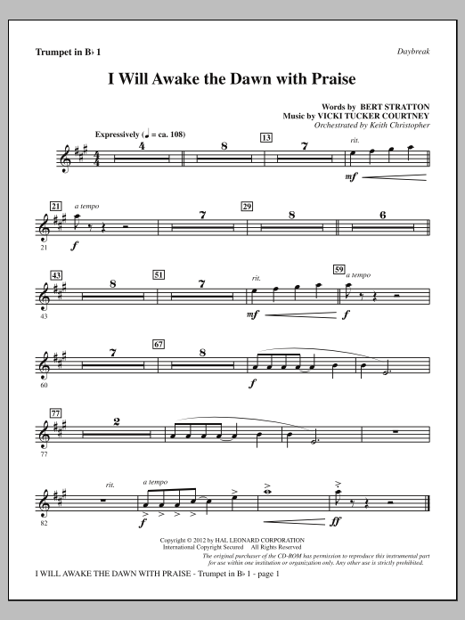 Vicki Tucker Courtney I Will Awake The Dawn With Praise - Bb Trumpet 1 Sheet Music Notes & Chords for Choir Instrumental Pak - Download or Print PDF