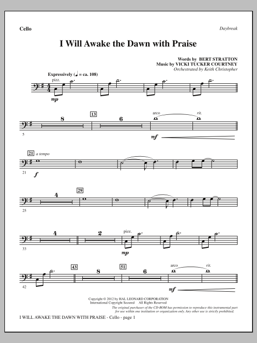 Vicki Tucker Courtney I Will Awake The Dawn With Praise - Cello Sheet Music Notes & Chords for Choir Instrumental Pak - Download or Print PDF