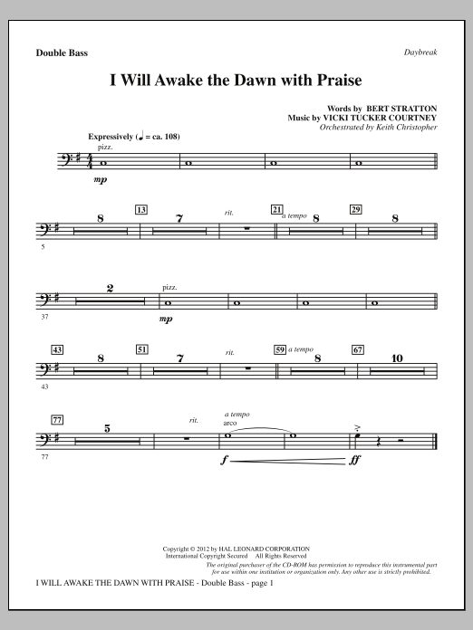 Vicki Tucker Courtney I Will Awake The Dawn With Praise - Double Bass Sheet Music Notes & Chords for Choir Instrumental Pak - Download or Print PDF