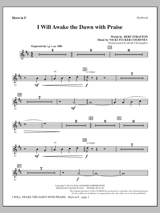 Vicki Tucker Courtney I Will Awake The Dawn With Praise - F Horn Sheet Music Notes & Chords for Choir Instrumental Pak - Download or Print PDF