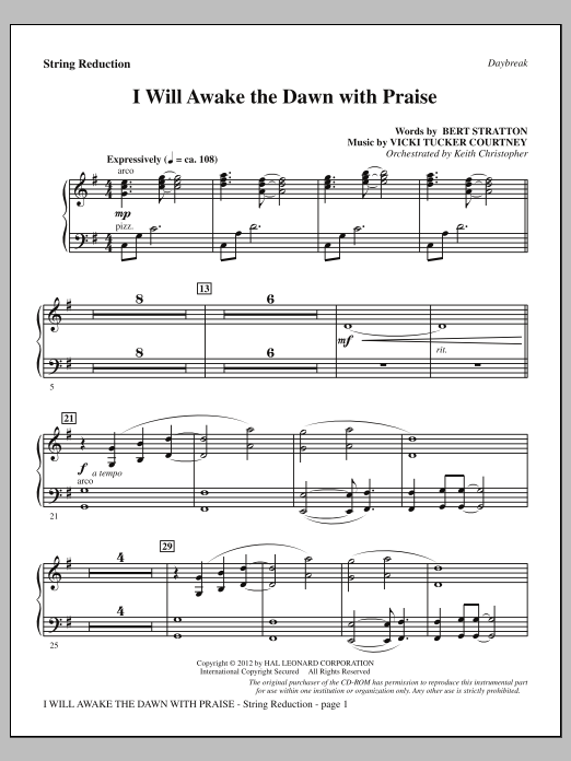 Vicki Tucker Courtney I Will Awake The Dawn With Praise - Keyboard String Reduction Sheet Music Notes & Chords for Choir Instrumental Pak - Download or Print PDF