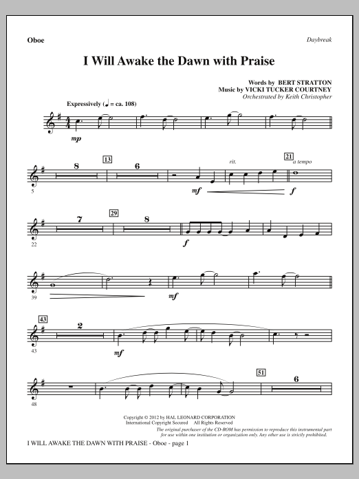 Vicki Tucker Courtney I Will Awake The Dawn With Praise - Oboe Sheet Music Notes & Chords for Choir Instrumental Pak - Download or Print PDF