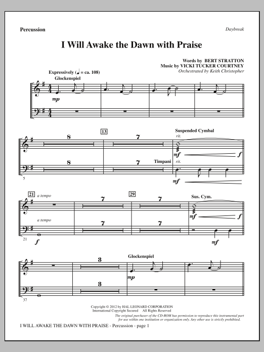 Vicki Tucker Courtney I Will Awake The Dawn With Praise - Percussion Sheet Music Notes & Chords for Choir Instrumental Pak - Download or Print PDF