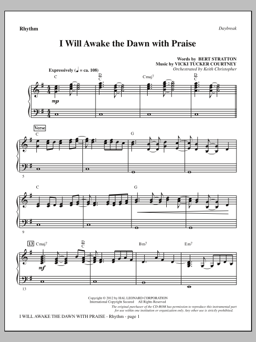 Vicki Tucker Courtney I Will Awake The Dawn With Praise - Rhythm Sheet Music Notes & Chords for Choir Instrumental Pak - Download or Print PDF