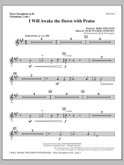Vicki Tucker Courtney I Will Awake The Dawn With Praise - Tenor Sax (sub. Tbn 2) Sheet Music Notes & Chords for Choir Instrumental Pak - Download or Print PDF