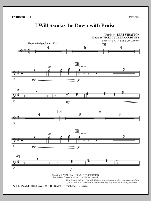 Vicki Tucker Courtney I Will Awake The Dawn With Praise - Trombone 1 & 2 Sheet Music Notes & Chords for Choir Instrumental Pak - Download or Print PDF