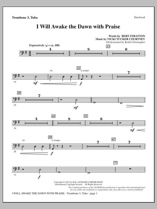 Vicki Tucker Courtney I Will Awake The Dawn With Praise - Trombone 3/Tuba Sheet Music Notes & Chords for Choir Instrumental Pak - Download or Print PDF