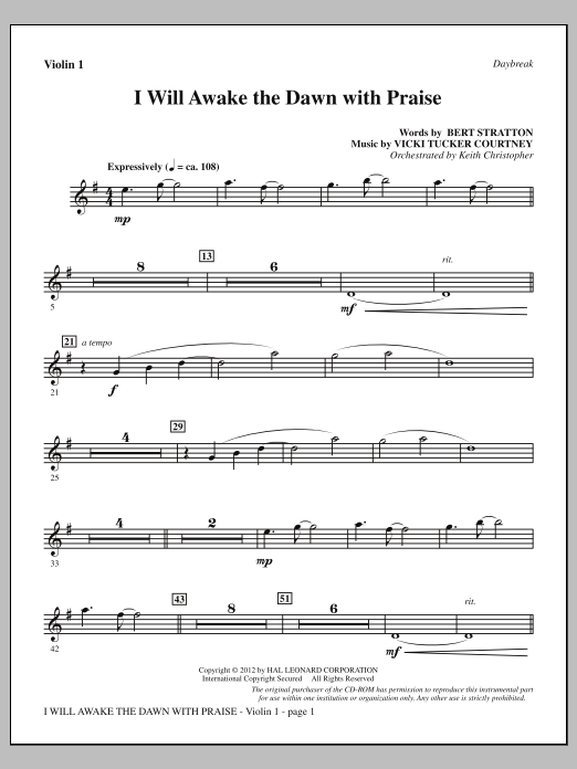 Vicki Tucker Courtney I Will Awake The Dawn With Praise - Violin 1 Sheet Music Notes & Chords for Choir Instrumental Pak - Download or Print PDF