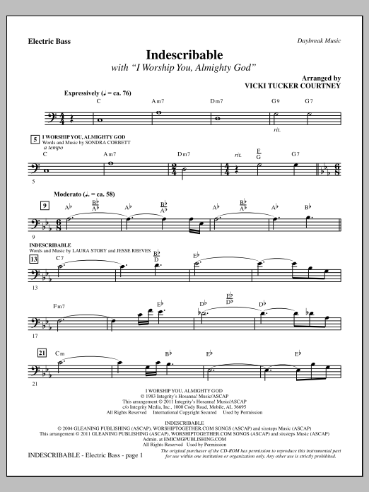 Vicki Tucker Courtney Indescribable - Bass Sheet Music Notes & Chords for Choir Instrumental Pak - Download or Print PDF