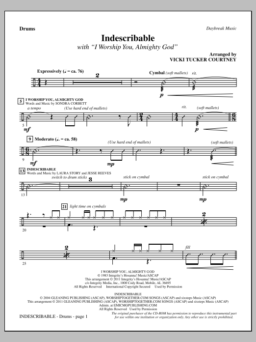 Vicki Tucker Courtney Indescribable - Drums Sheet Music Notes & Chords for Choir Instrumental Pak - Download or Print PDF Vicki Tucker Courtney Indescribable - Drums Sheet Music Notes & Chords for Choir Instrumental Pak - Download or Print PDF