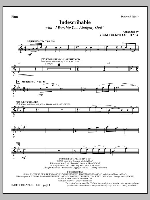 Vicki Tucker Courtney Indescribable - Flute Sheet Music Notes & Chords for Choir Instrumental Pak - Download or Print PDF Vicki Tucker Courtney Indescribable - Flute Sheet Music Notes & Chords for Choir Instrumental Pak - Download or Print PDF