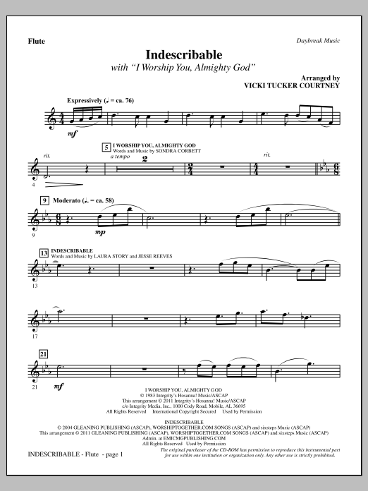 Vicki Tucker Courtney Indescribable - Flute Sheet Music Notes & Chords for Choir Instrumental Pak - Download or Print PDF