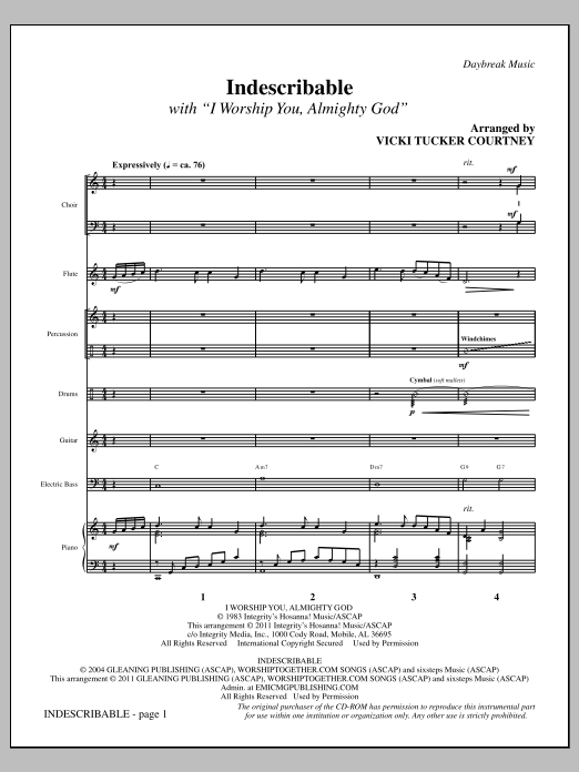 Vicki Tucker Courtney Indescribable - Full Score Sheet Music Notes & Chords for Choir Instrumental Pak - Download or Print PDF