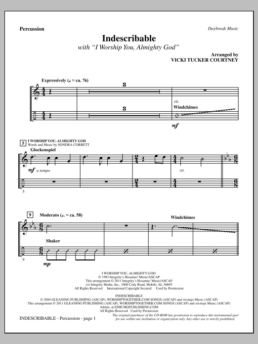 Vicki Tucker Courtney Indescribable - Percussion Sheet Music Notes & Chords for Choir Instrumental Pak - Download or Print PDF Vicki Tucker Courtney Indescribable - Percussion Sheet Music Notes & Chords for Choir Instrumental Pak - Download or Print PDF