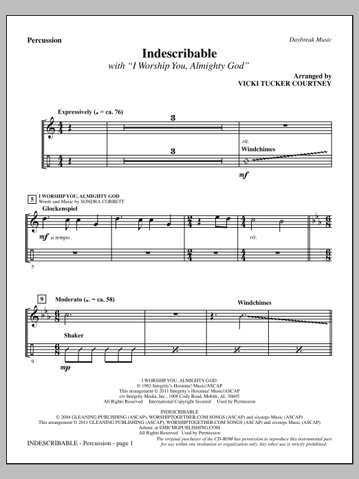 Vicki Tucker Courtney Indescribable - Percussion Sheet Music Notes & Chords for Choir Instrumental Pak - Download or Print PDF