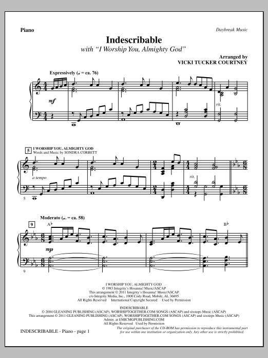 Vicki Tucker Courtney Indescribable - Piano Sheet Music Notes & Chords for Choir Instrumental Pak - Download or Print PDF