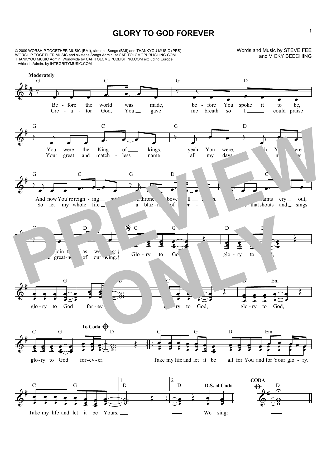 Vicky Beeching Glory To God Forever Sheet Music Notes & Chords for Melody Line, Lyrics & Chords - Download or Print PDF