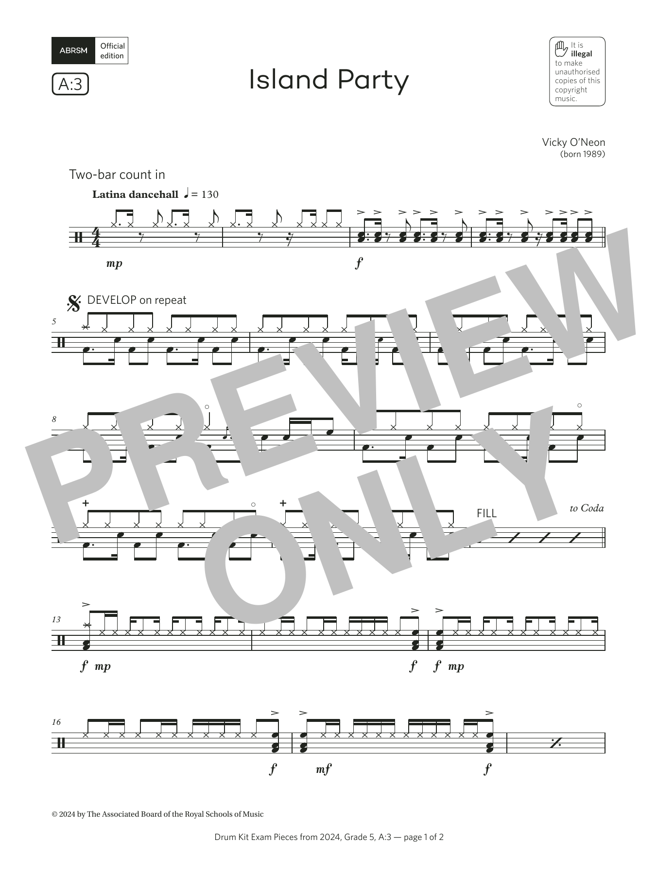 Vicky O'Neon Island Party (Grade 5, list A3, from the ABRSM Drum Kit Syllabus 2024) Sheet Music Notes & Chords for Drums - Download or Print PDF