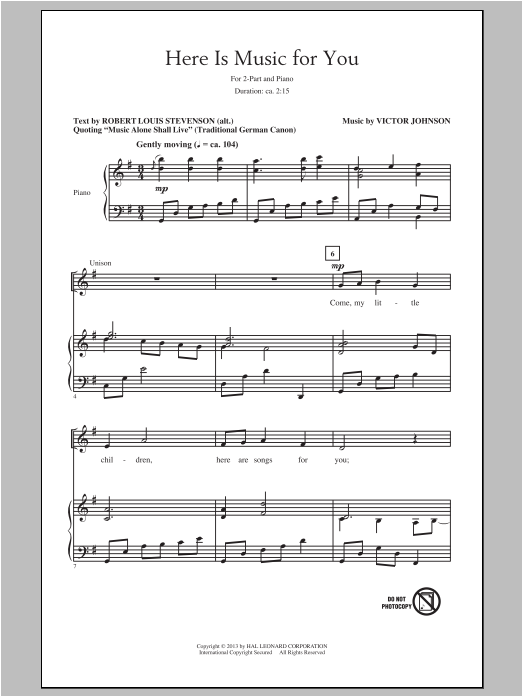Victor C. Johnson Here Is Music For You Sheet Music Notes & Chords for 2-Part Choir - Download or Print PDF