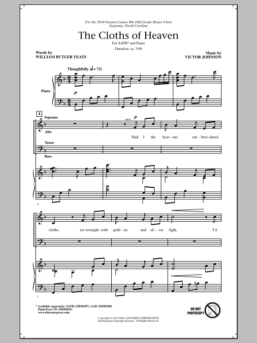 Victor C. Johnson The Cloths Of Heaven Sheet Music Notes & Chords for 3-Part Mixed - Download or Print PDF