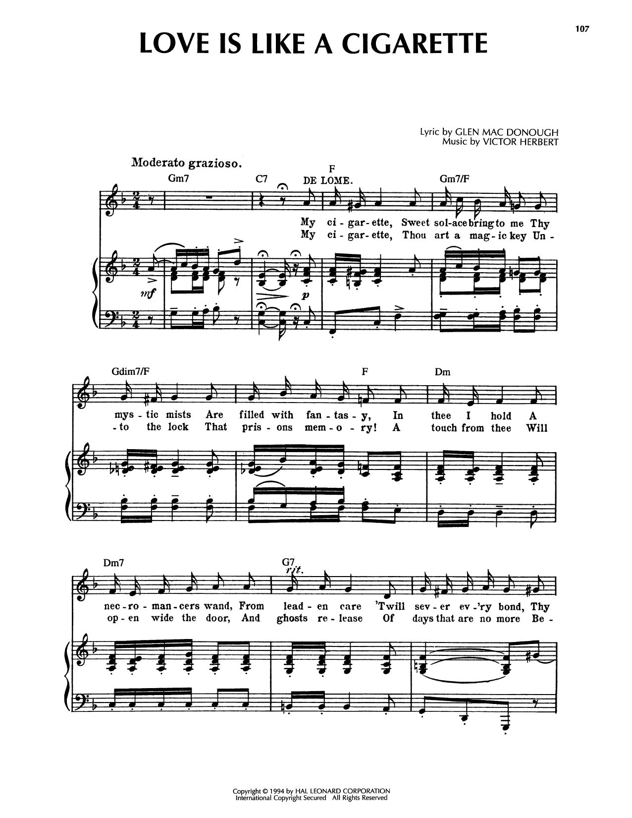 Victor Herbert Love Is Like A Cigarette Sheet Music Notes & Chords for Piano, Vocal & Guitar Chords (Right-Hand Melody) - Download or Print PDF