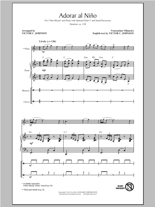 Traditional Adorar Al Nino (Come Adore The Baby) (arr. Victor Johnson) Sheet Music Notes & Chords for 3-Part Mixed - Download or Print PDF