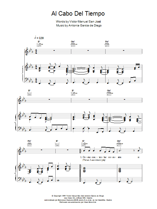 Victor Manuel San Jose Al Cabo Del Tiempo Sheet Music Notes & Chords for Piano, Vocal & Guitar - Download or Print PDF