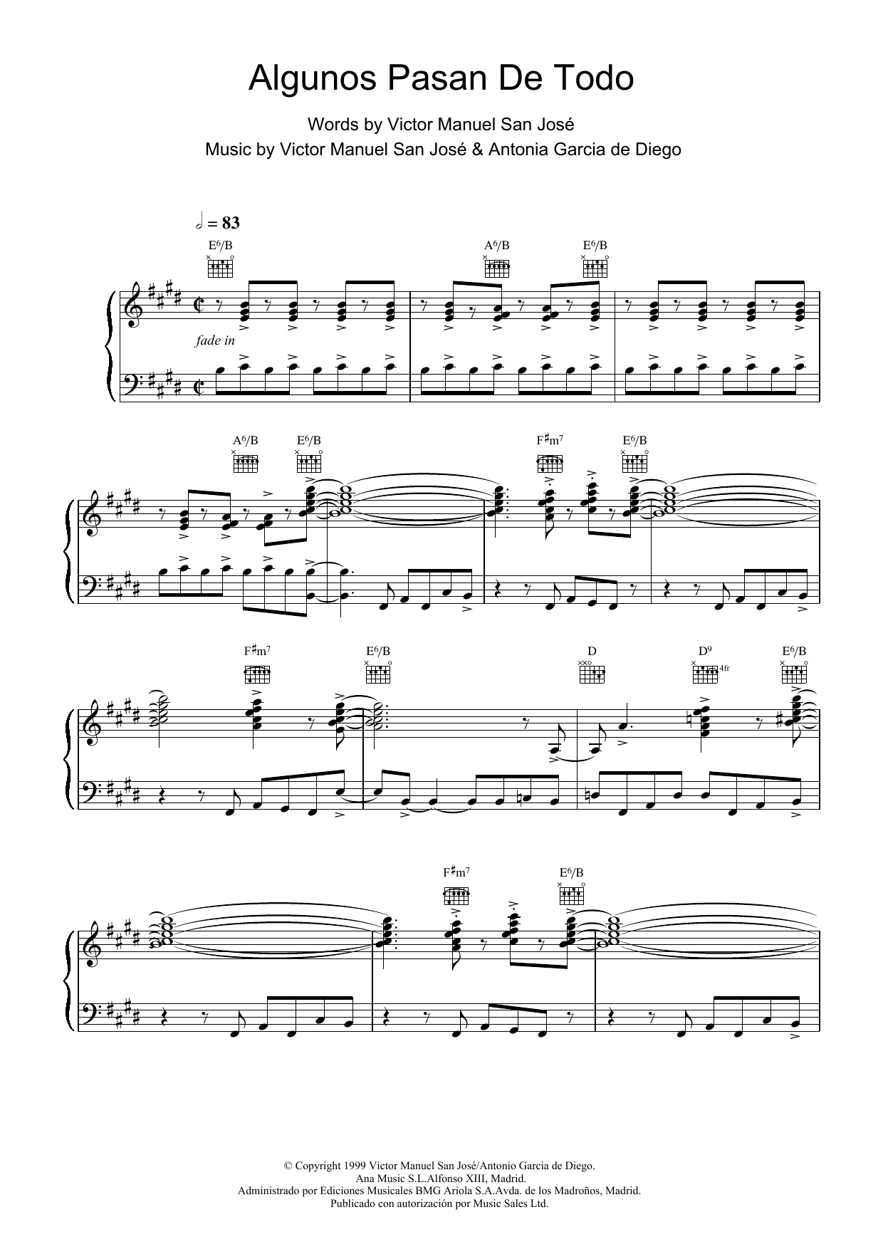 Victor Manuel San Jose Algunos Pasan De Todo Sheet Music Notes & Chords for Piano, Vocal & Guitar - Download or Print PDF