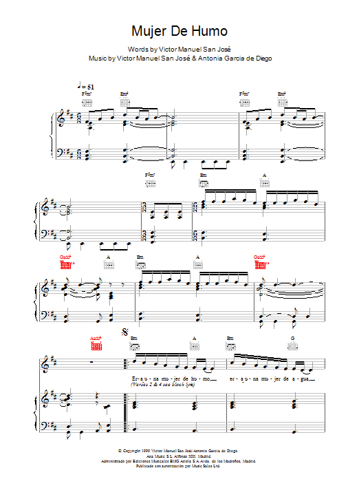 Victor Manuel San Jose Mujer De Humo Sheet Music Notes & Chords for Piano, Vocal & Guitar - Download or Print PDF