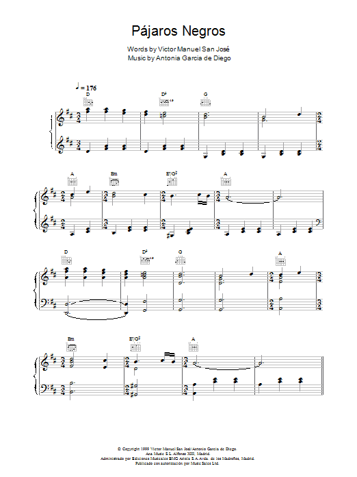 Victor Manuel San Jose Pájaros Negros Sheet Music Notes & Chords for Piano, Vocal & Guitar - Download or Print PDF